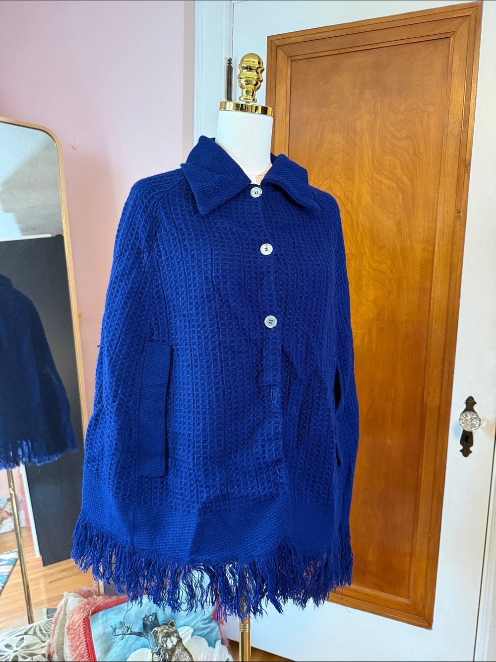 Vintage Dark Blue Knit Fringe Button-Up Poncho Jacket shawl